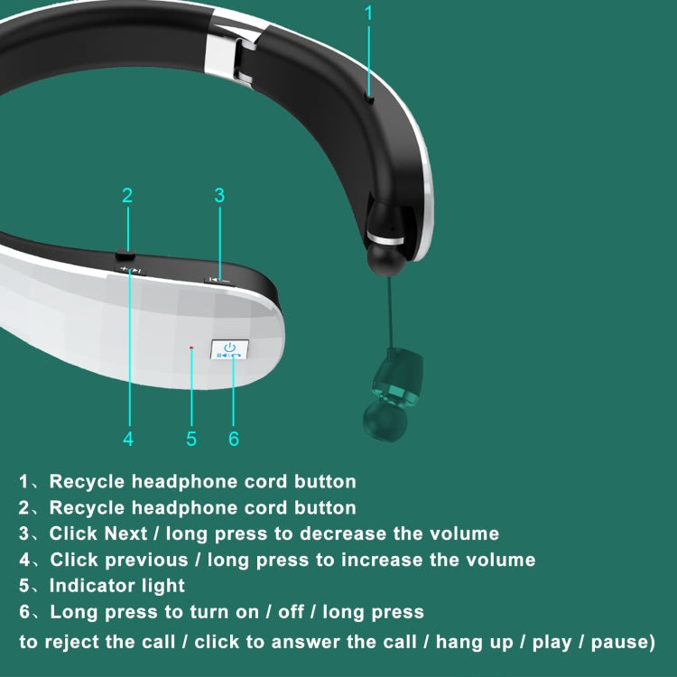 Telescopic Neck-Mounted Folding Bluetooth Earphone, Black, White – Waterproof, Bluetooth