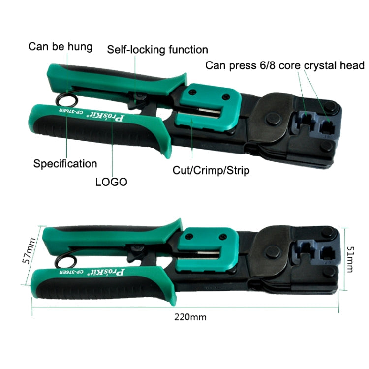ProsKit Dual-purpose 6/8P Iron Handle Network Ratchet Crimping Plier, CP-376ER – Durable Build, Easy to Use