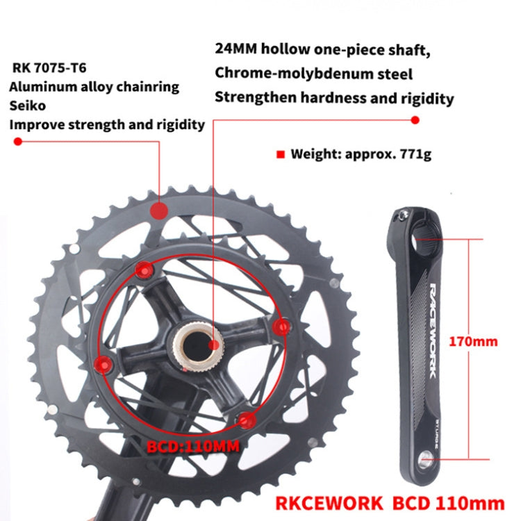 RACEWORK RKRFA Road Bike Aluminum Alloy 22-speed Crankset, Spec:, 50-34T without BB, 53-39T without BB, 50-34T with BB, 53-39T with BB – Aluminum Alloy