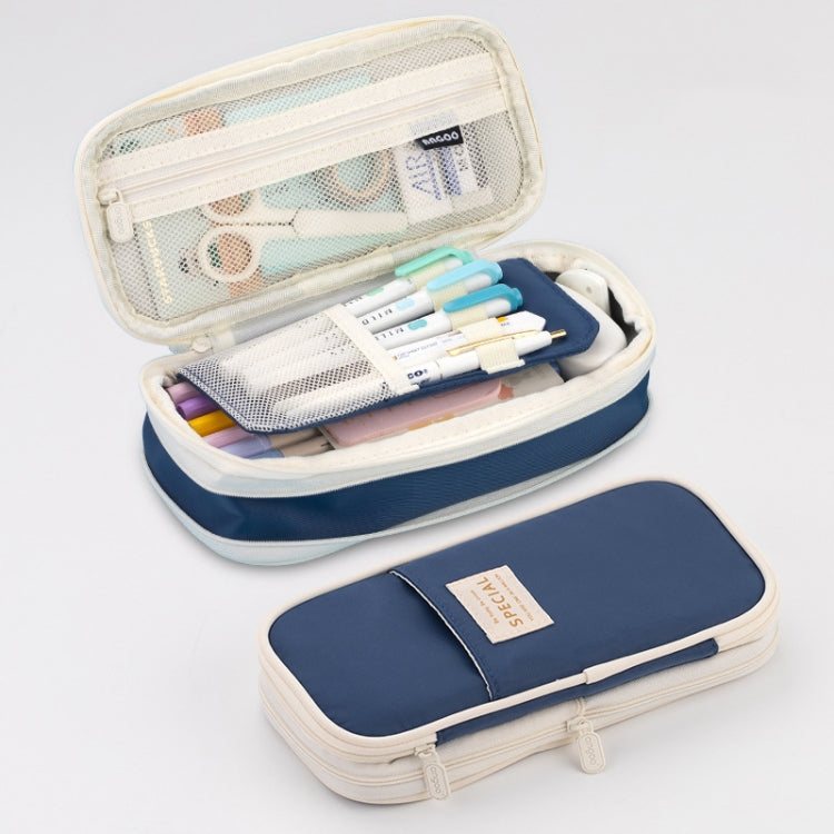 Macaron Double-Layer Retractable Large Capacity Pencil Case Dark Blue