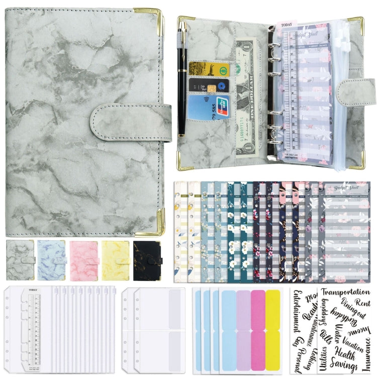 A6 Binder Budget Book Marbled Notebook PU Leather Binder Gray