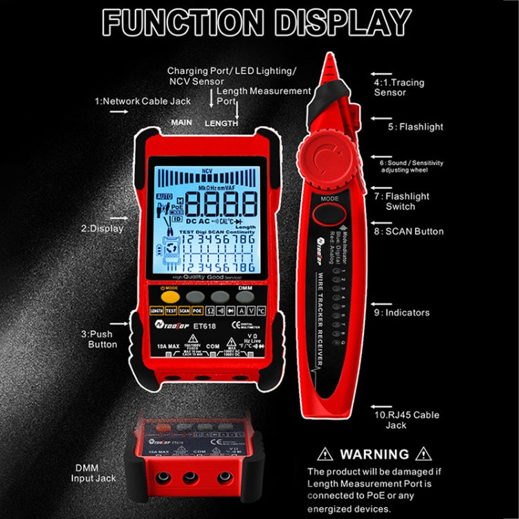 Rechargeable Adjustable Network Cable Tester Wire Tracker POE Cable Tester, ET616 (Red), ET618 (Red)