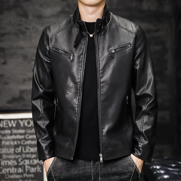 Men Washed PU Padded Slim-Fit Motorbike Leather Jacket, M, L, XL, XXL, XXXL, 4XL M Black