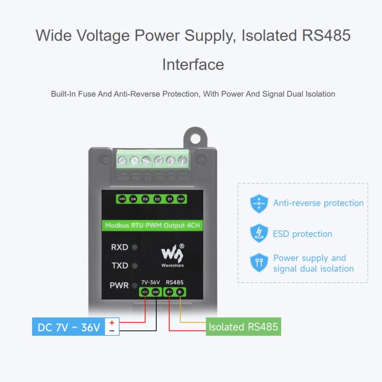 Waveshare Industrial 4-Ch PWM Output Module Modbus RTU RS485, Adjustable Frequency & Duty Cycle, Modbus RTU PWM Output 4CH
