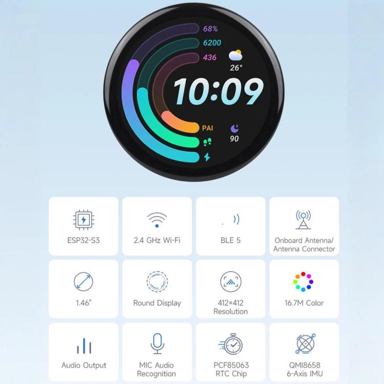 Waveshare ESP32-S3R8 1.46inch Round Touch Display Development Board, 412×412, Supports WiFi & Bluetooth, Without Cover Glass, With Cover Glass, With Widened Cover Glass