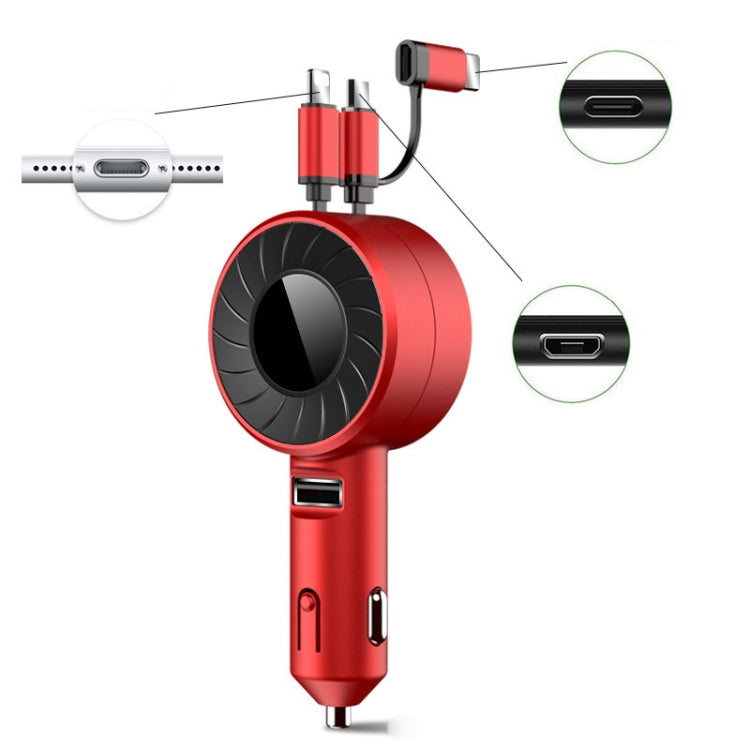 3 In 1 USB Dual Cable Single Pull Retractable Car Charger, Red, Black Red