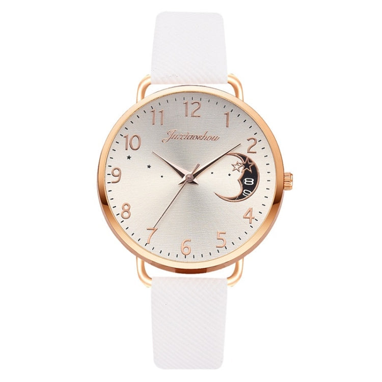 Ladies Moon Pattern Dial PU Strap Quartz Watch, White, Yellow, Red, Purple, Blue, Black, Pink, Grey, Brown, Red+Bracelet, Black+Bracelet, Tianlan+Bracelet White
