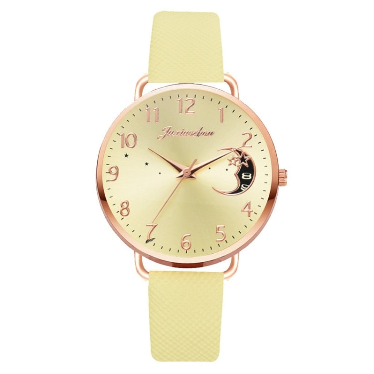 Ladies Moon Pattern Dial PU Strap Quartz Watch, White, Yellow, Red, Purple, Blue, Black, Pink, Grey, Brown, Red+Bracelet, Black+Bracelet, Tianlan+Bracelet Yellow