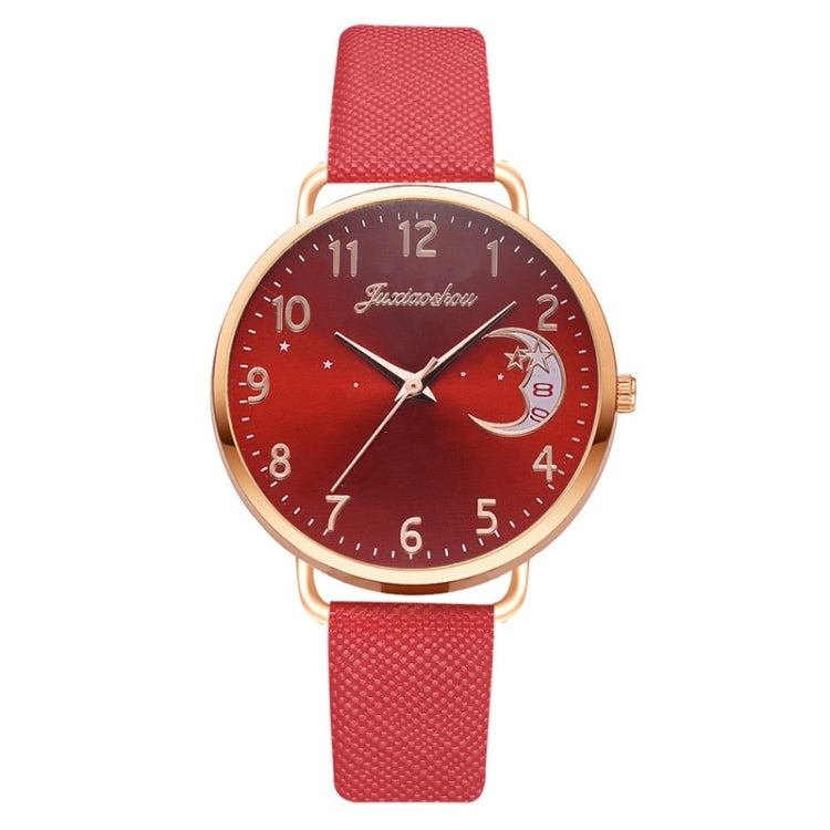 Ladies Moon Pattern Dial PU Strap Quartz Watch, White, Yellow, Red, Purple, Blue, Black, Pink, Grey, Brown, Red+Bracelet, Black+Bracelet, Tianlan+Bracelet Red
