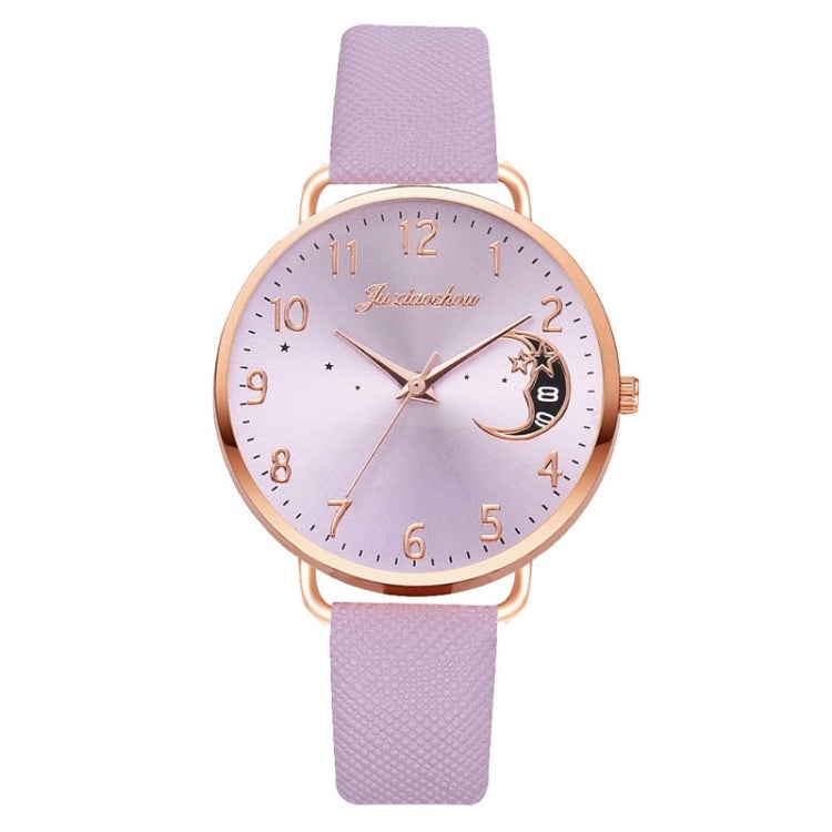 Ladies Moon Pattern Dial PU Strap Quartz Watch, White, Yellow, Red, Purple, Blue, Black, Pink, Grey, Brown, Red+Bracelet, Black+Bracelet, Tianlan+Bracelet Purple