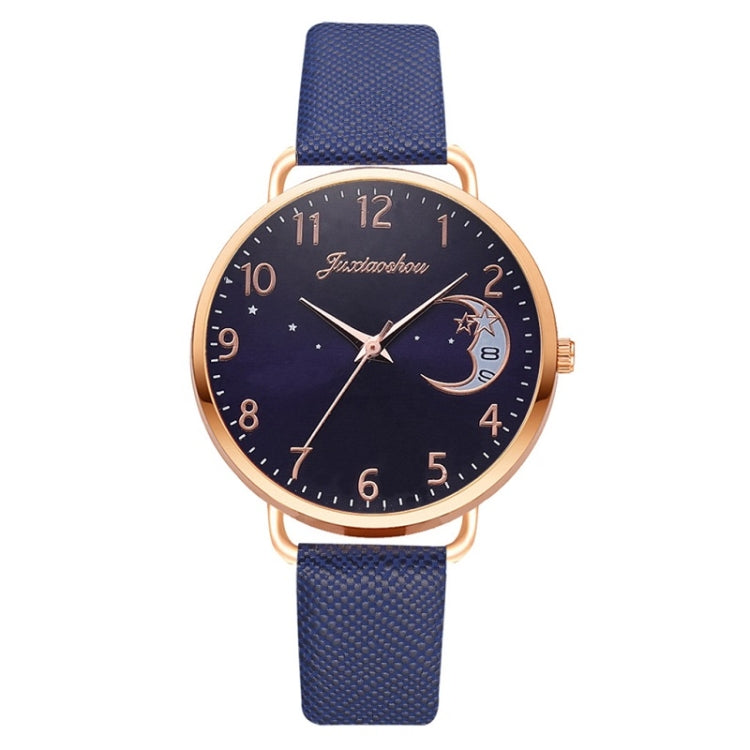Ladies Moon Pattern Dial PU Strap Quartz Watch, White, Yellow, Red, Purple, Blue, Black, Pink, Grey, Brown, Red+Bracelet, Black+Bracelet, Tianlan+Bracelet Blue