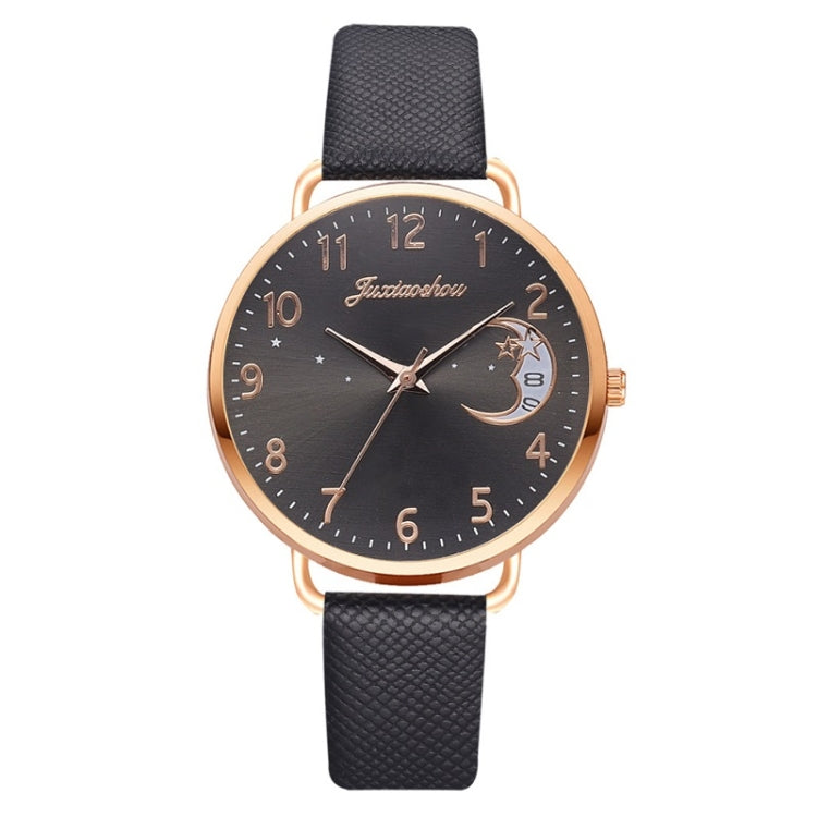Ladies Moon Pattern Dial PU Strap Quartz Watch, White, Yellow, Red, Purple, Blue, Black, Pink, Grey, Brown, Red+Bracelet, Black+Bracelet, Tianlan+Bracelet Black