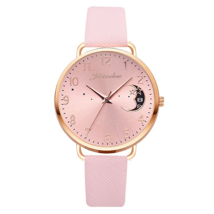 Ladies Moon Pattern Dial PU Strap Quartz Watch, White, Yellow, Red, Purple, Blue, Black, Pink, Grey, Brown, Red+Bracelet, Black+Bracelet, Tianlan+Bracelet Pink