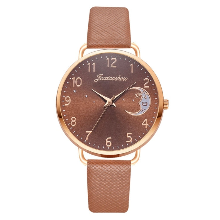 Ladies Moon Pattern Dial PU Strap Quartz Watch, White, Yellow, Red, Purple, Blue, Black, Pink, Grey, Brown, Red+Bracelet, Black+Bracelet, Tianlan+Bracelet Brown