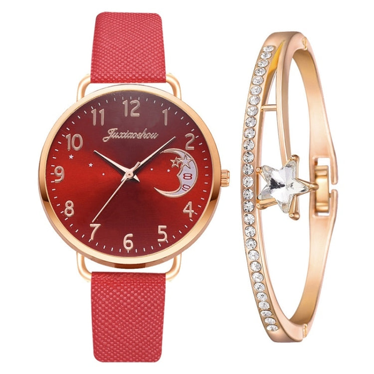 Ladies Moon Pattern Dial PU Strap Quartz Watch, White, Yellow, Red, Purple, Blue, Black, Pink, Grey, Brown, Red+Bracelet, Black+Bracelet, Tianlan+Bracelet Red+Bracelet