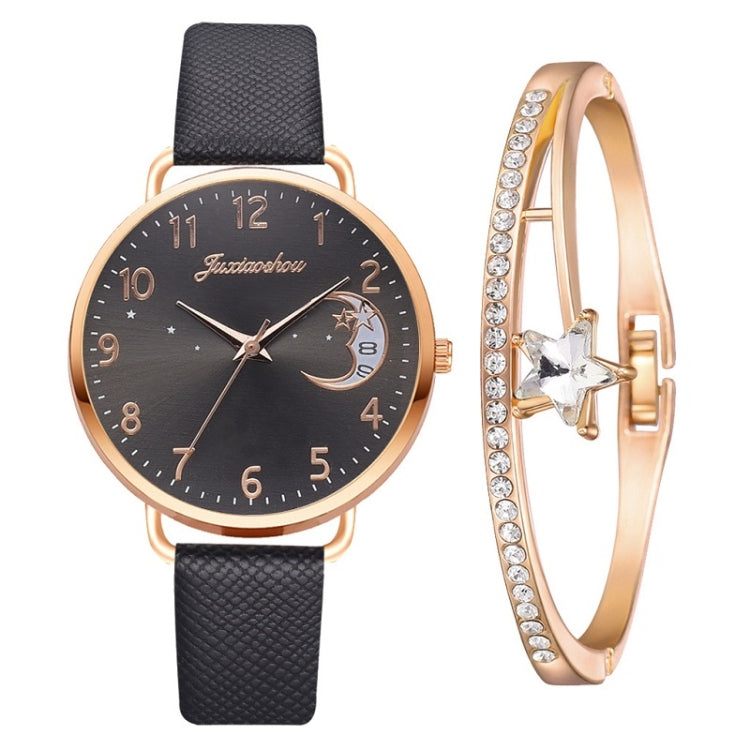 Ladies Moon Pattern Dial PU Strap Quartz Watch, White, Yellow, Red, Purple, Blue, Black, Pink, Grey, Brown, Red+Bracelet, Black+Bracelet, Tianlan+Bracelet Black+Bracelet