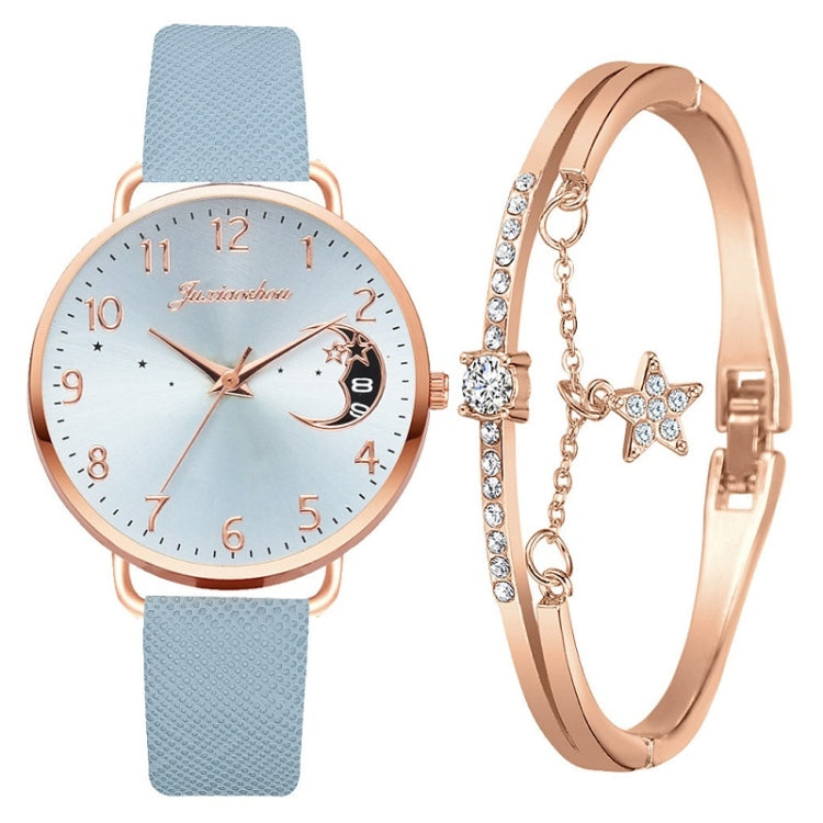 Ladies Moon Pattern Dial PU Strap Quartz Watch, White, Yellow, Red, Purple, Blue, Black, Pink, Grey, Brown, Red+Bracelet, Black+Bracelet, Tianlan+Bracelet Tianlan+Bracelet