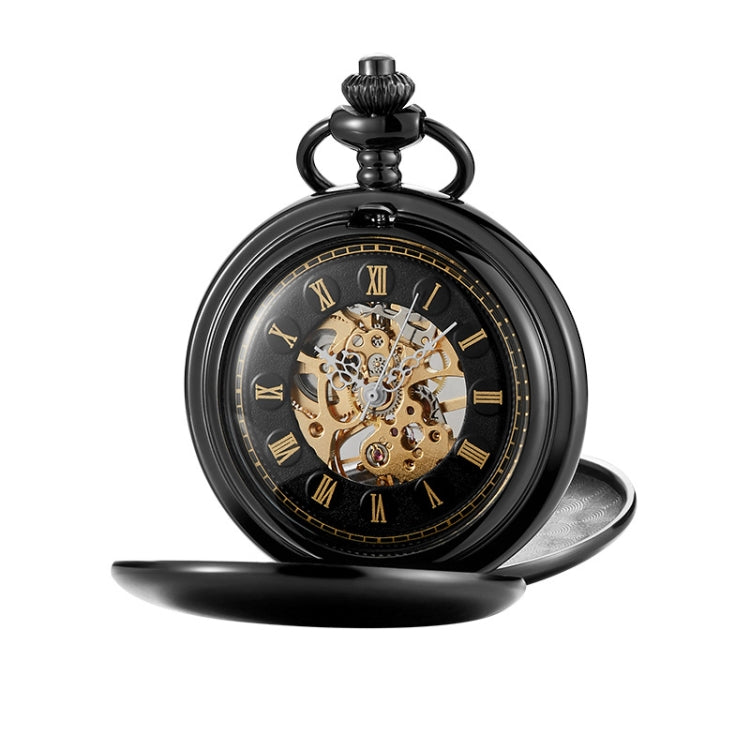 pm240 Classic Double Open Double Face Vintage Manual Mechanical Pocket Watch with Roman Lettering, Black Shell Black Face Gold Movement, Silver Shell Silver Face Silver Movement, Gold Shell Gold Face Movement, Round Opening Gold Shell Gold Face Black Shell Black Face Gold Movement Black Shell Black Face Gold Movement