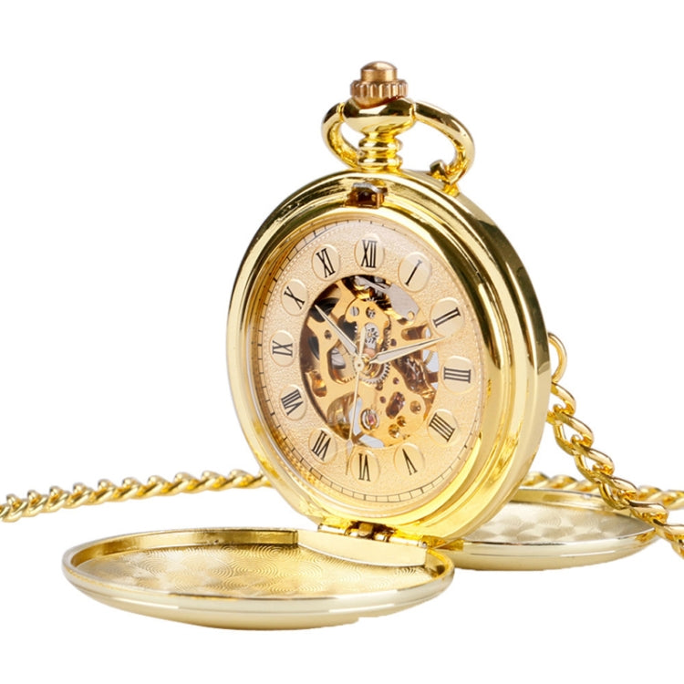 pm240 Classic Double Open Double Face Vintage Manual Mechanical Pocket Watch with Roman Lettering, Black Shell Black Face Gold Movement, Silver Shell Silver Face Silver Movement, Gold Shell Gold Face Movement, Round Opening Gold Shell Gold Face Gold Shell Gold Face Movement Golden shell gold noodle movement