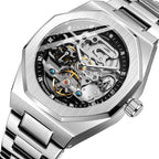 FORSINING F980 Luminous Three Eye Six Shot Weekly Steel Belt Men Fully Automatic Mechanical Watch Silver Belt Black Face