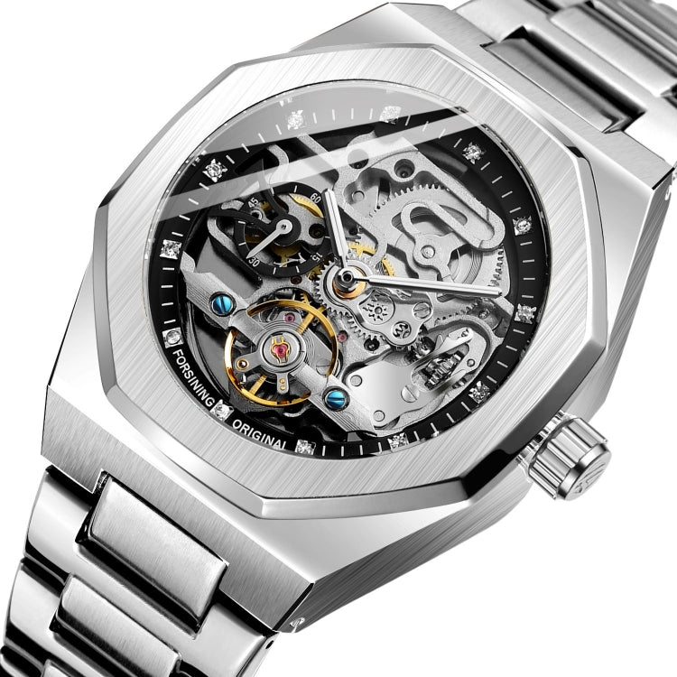 FORSINING F980 Luminous Three Eye Six Shot Weekly Steel Belt Men Fully Automatic Mechanical Watch Silver Belt Black Face