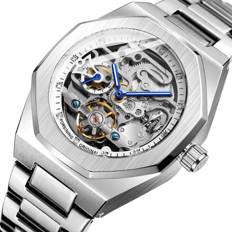 FORSINING F980 Luminous Three Eye Six Shot Weekly Steel Belt Men Fully Automatic Mechanical Watch Silver Belt White Face