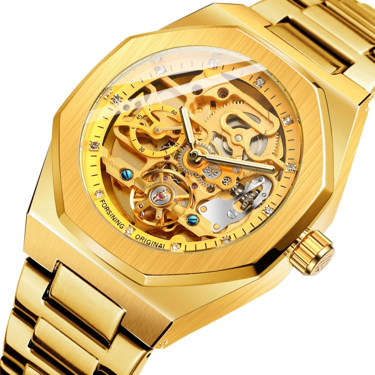 FORSINING F980 Luminous Three Eye Six Shot Weekly Steel Belt Men Fully Automatic Mechanical Watch Gold Belt Gold Face
