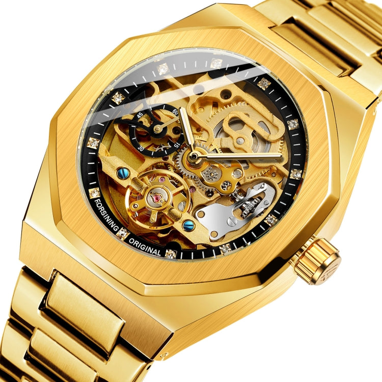 FORSINING F980 Luminous Three Eye Six Shot Weekly Steel Belt Men Fully Automatic Mechanical Watch Gold Belt Black Face