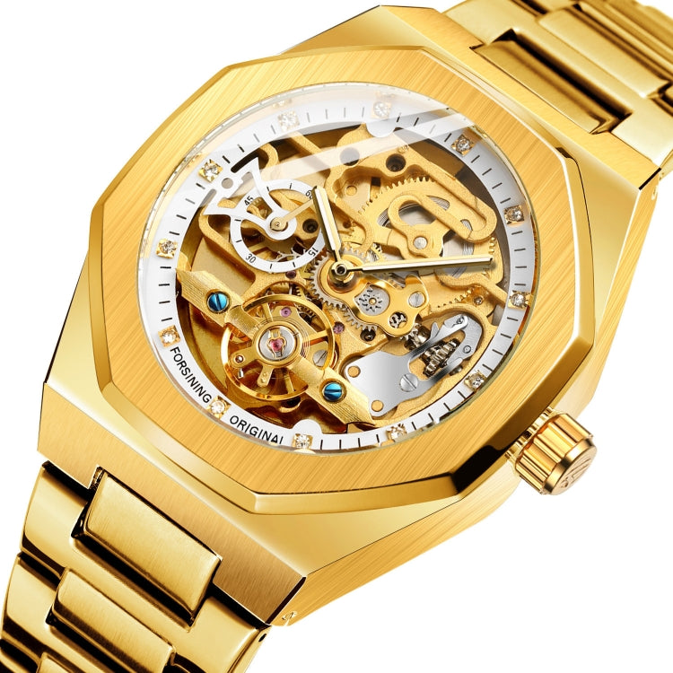 FORSINING F980 Luminous Three Eye Six Shot Weekly Steel Belt Men Fully Automatic Mechanical Watch Gold Belt White Face