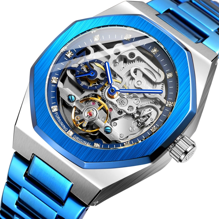 FORSINING F980 Luminous Three Eye Six Shot Weekly Steel Belt Men Fully Automatic Mechanical Watch Blue Belt Blue Face