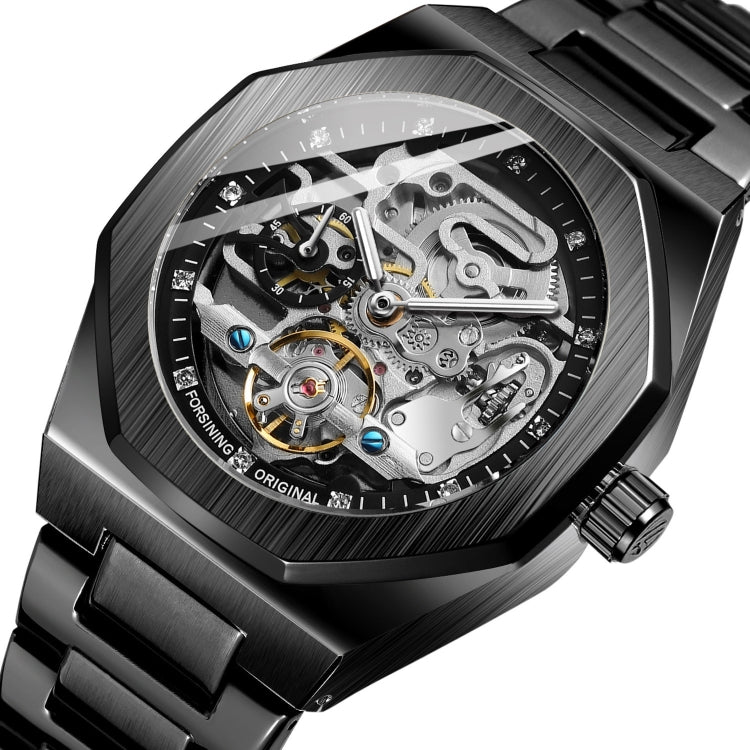 FORSINING F980 Luminous Three Eye Six Shot Weekly Steel Belt Men Fully Automatic Mechanical Watch Black Belt Black Face
