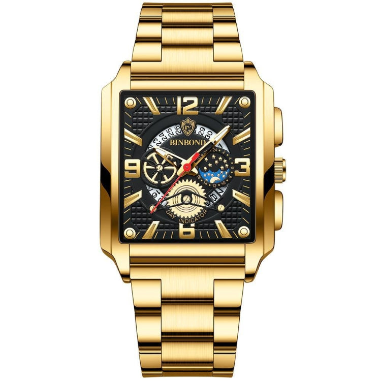 BINBONG B6575 Men Vintage Square Multifunctional Waterproof Luminous Quartz Watch, Black-Rose Gold-Black-Rose, Black-Black-Black-White, Black-Black-Black-Rose, Full Gold-Black, White-Black, Brown Leather-Rose Gold-Black, Black Leather-Rose Gold-Black... Full Gold-Black