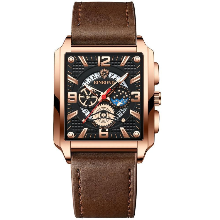 BINBONG B6575 Men Vintage Square Multifunctional Waterproof Luminous Quartz Watch, Black-Rose Gold-Black-Rose, Black-Black-Black-White, Black-Black-Black-Rose, Full Gold-Black, White-Black, Brown Leather-Rose Gold-Black, Black Leather-Rose Gold-Black... Brown Leather-Rose Gold-Black