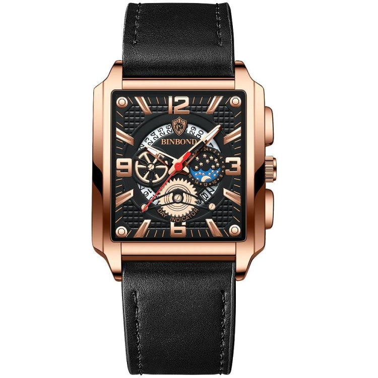 BINBONG B6575 Men Vintage Square Multifunctional Waterproof Luminous Quartz Watch, Black-Rose Gold-Black-Rose, Black-Black-Black-White, Black-Black-Black-Rose, Full Gold-Black, White-Black, Brown Leather-Rose Gold-Black, Black Leather-Rose Gold-Black... Black Leather-Rose Gold-Black