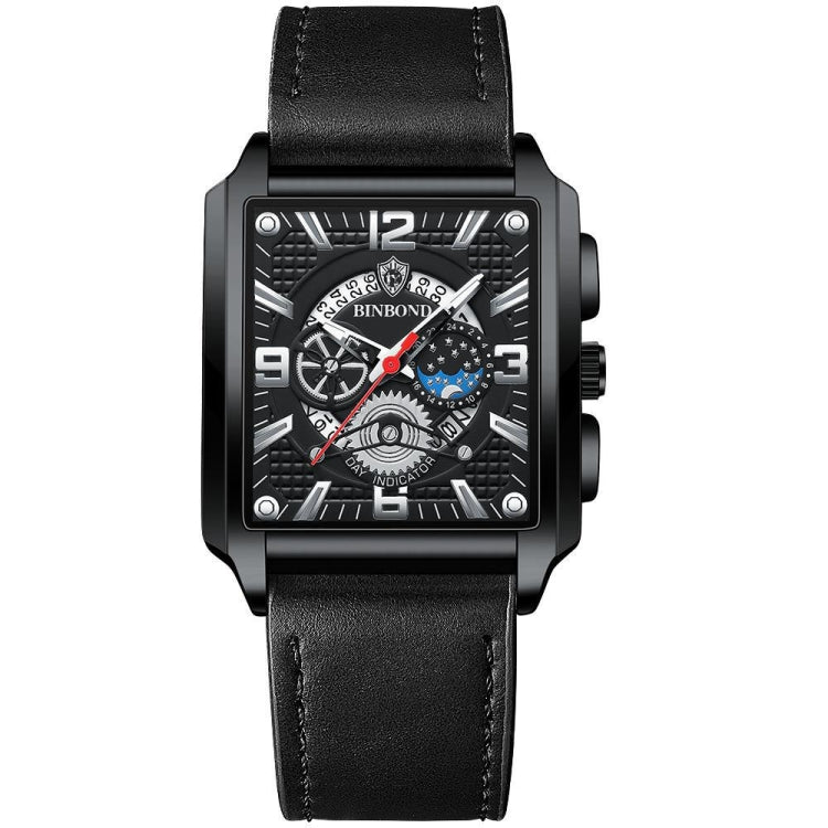 BINBONG B6575 Men Vintage Square Multifunctional Waterproof Luminous Quartz Watch, Black-Rose Gold-Black-Rose, Black-Black-Black-White, Black-Black-Black-Rose, Full Gold-Black, White-Black, Brown Leather-Rose Gold-Black, Black Leather-Rose Gold-Black... Black Leather-Black-Black