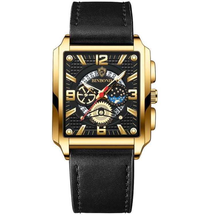 BINBONG B6575 Men Vintage Square Multifunctional Waterproof Luminous Quartz Watch, Black-Rose Gold-Black-Rose, Black-Black-Black-White, Black-Black-Black-Rose, Full Gold-Black, White-Black, Brown Leather-Rose Gold-Black, Black Leather-Rose Gold-Black... Black Leather-Full Black-Black