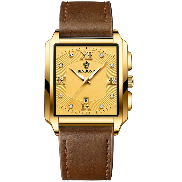 BINBOND B4143 Rectangular Outdoor Men Waterproof Quartz Watches Brown Leather-Full Gold