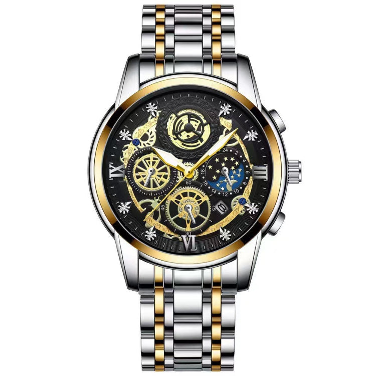 BINBOND 4010 Multifunctional Waterproof Hollowed Luminous Quartz Watch Inter-gold Black Surface