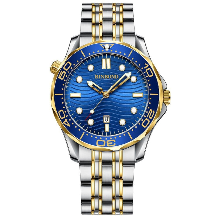 BINBOND B2820 Luminous 30m Waterproof Men Sports Quartz Watch, Inter-gold Black Surface, Inter-gold Blue Surface, Blue Silicon White Steel Blue Inter-gold Blue Surface