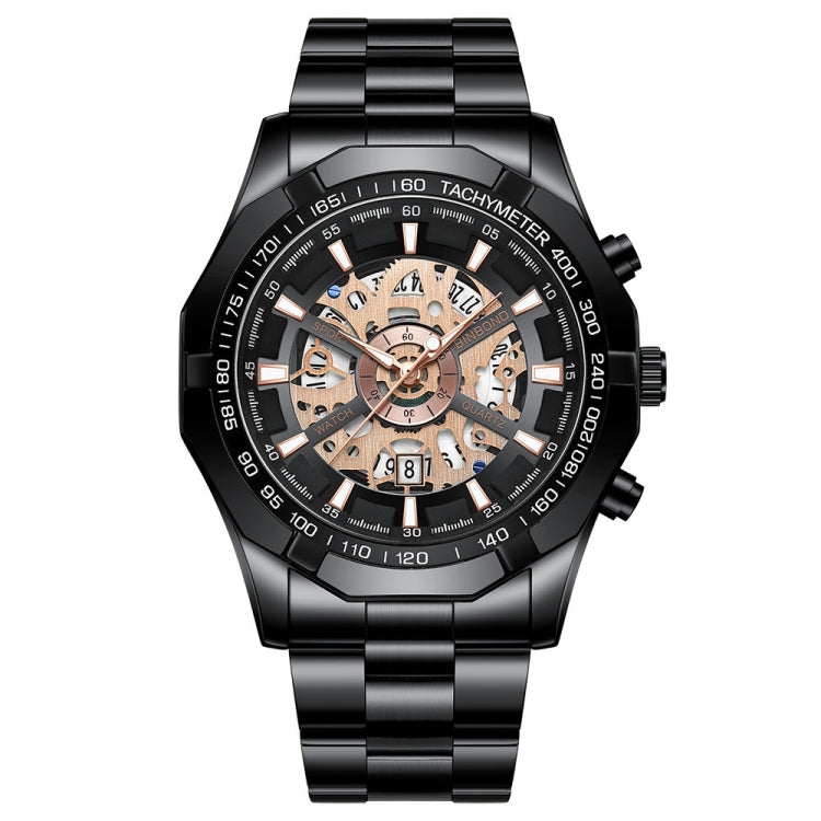 BINBOND S033 Hollowed Mechanical 30m Waterproof Luminous Quartz Watch, Black Steel-Black-Gold, Black Steel-Black-Rose Gold, Full Gold-Black-Gold, Blue Steel-Blue Black Steel-Black-Rose Gold
