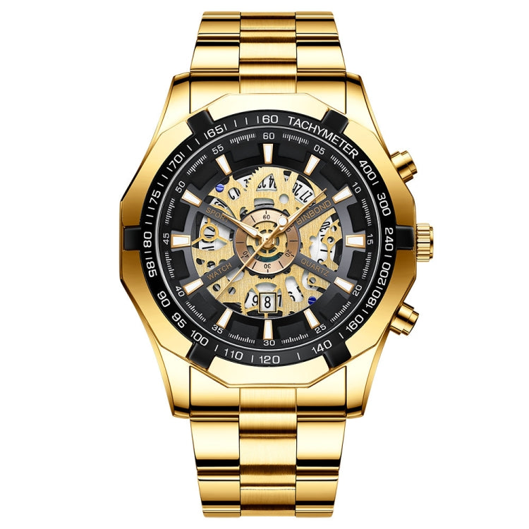 BINBOND S033 Hollowed Mechanical 30m Waterproof Luminous Quartz Watch, Black Steel-Black-Gold, Black Steel-Black-Rose Gold, Full Gold-Black-Gold, Blue Steel-Blue Full Gold-Black-Gold