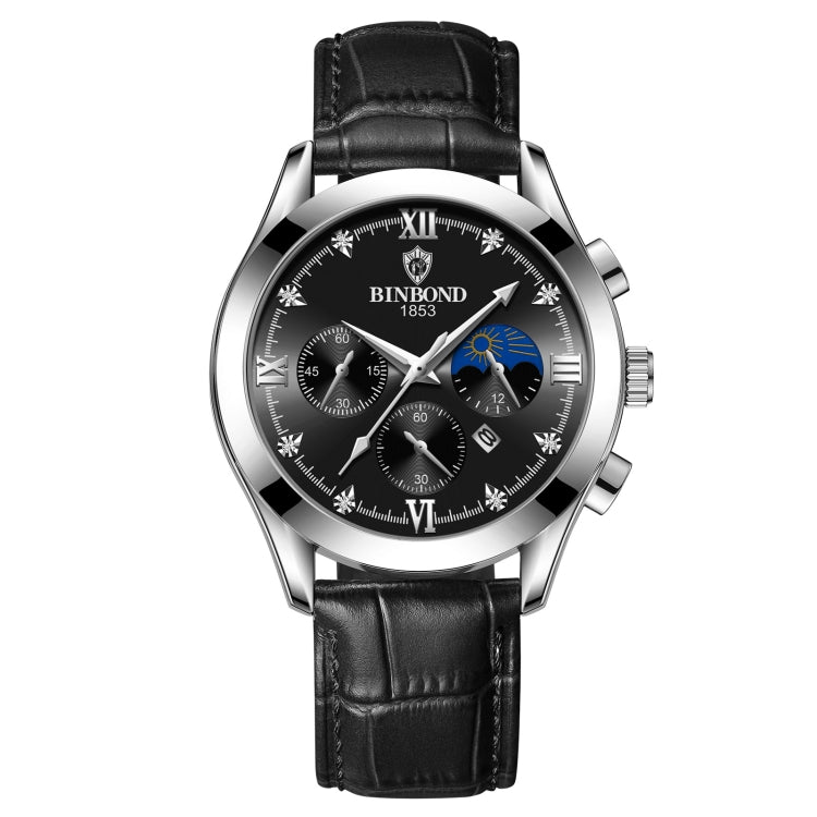 BINBOND B3591 30m Waterproof Luminous Calendar Men Watch, Black Steel-Black, Black Leather-White-Black, Brown Leather-White-White Black Leather-White-Black