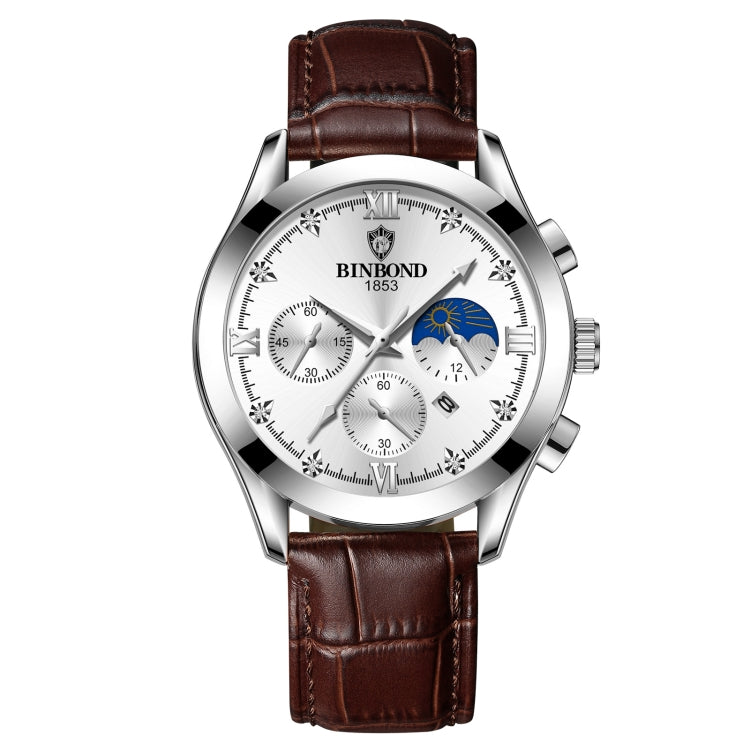 BINBOND B3591 30m Waterproof Luminous Calendar Men Watch, Black Steel-Black, Black Leather-White-Black, Brown Leather-White-White Brown Leather-White-White