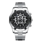 BINBOND S034 30M Waterproof Quartz Watch Skull Skeleton Luminous Watch White Steel Black