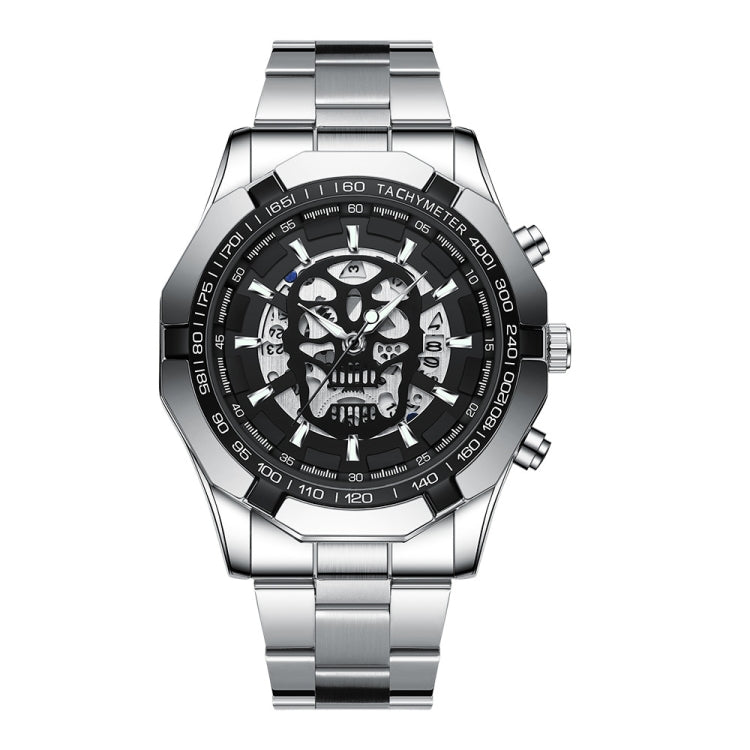 BINBOND S034 30M Waterproof Quartz Watch Skull Skeleton Luminous Watch White Steel Black