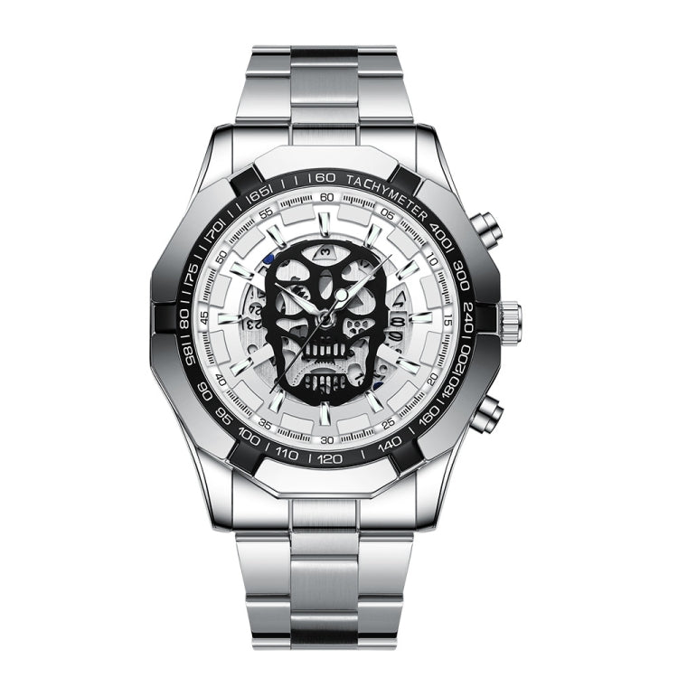 BINBOND S034 30M Waterproof Quartz Watch Skull Skeleton Luminous Watch White Steel White