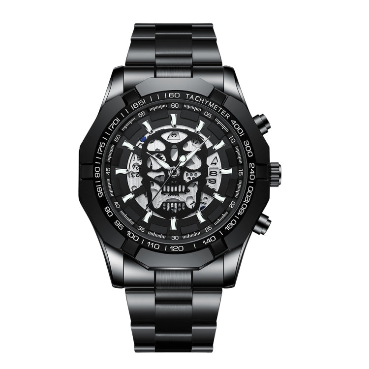 BINBOND S034 30M Waterproof Quartz Watch Skull Skeleton Luminous Watch Black Steel Black White Nail