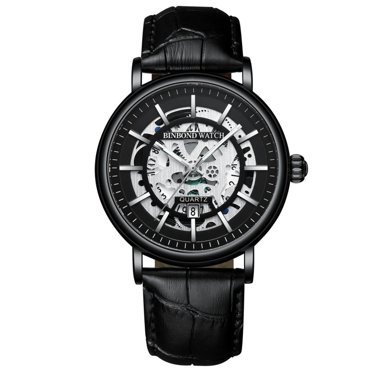 BINBOND B7872 Multifunctional Hollow Luminous Waterproof Quartz Watch, Black Steel-Black-White, Black Leather-Black-Black, Black Leather-White-Black Black Leather-Black-Black