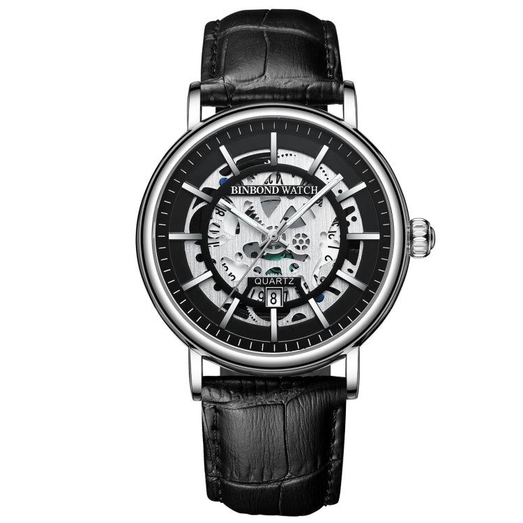 BINBOND B7872 Multifunctional Hollow Luminous Waterproof Quartz Watch, Black Steel-Black-White, Black Leather-Black-Black, Black Leather-White-Black Black Leather-White-Black