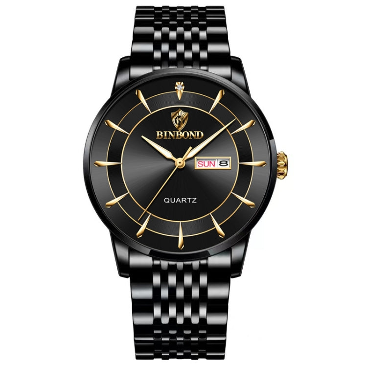 BINBOND B2077 30M Waterproof Quartz Luminous Watch Butterfly Buckle Men's Steel Belt Watch Black Steel-Black